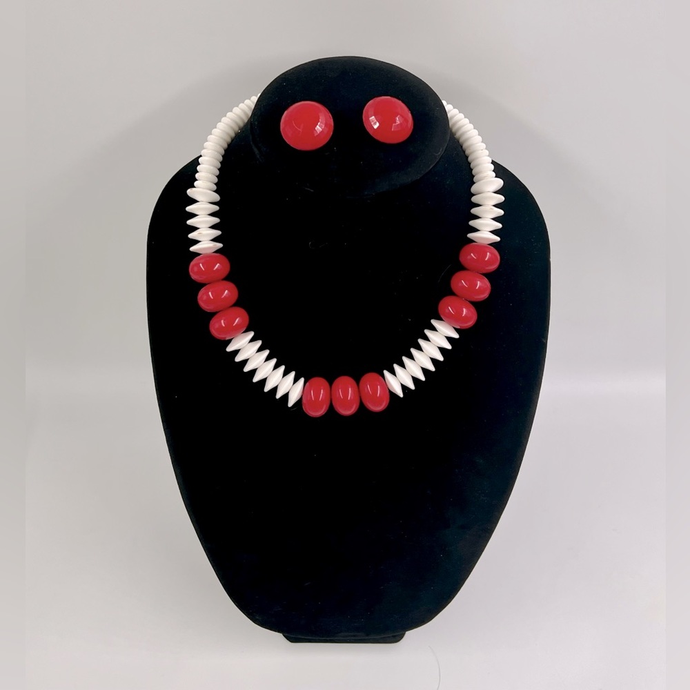 Vintage Red and White Plastic Necklace and Red Clip on Earrings